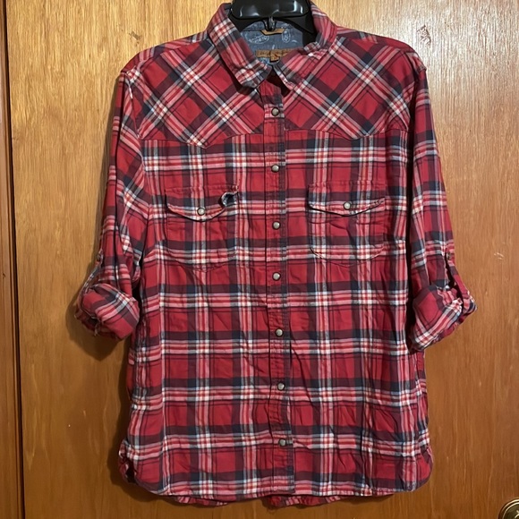 •JACH'S GIRLFRIEND•RED PLAID WESTERN WEAR BEA BUTTON UP COLLARED BLOUSE LARGE - Picture 8 of 8
